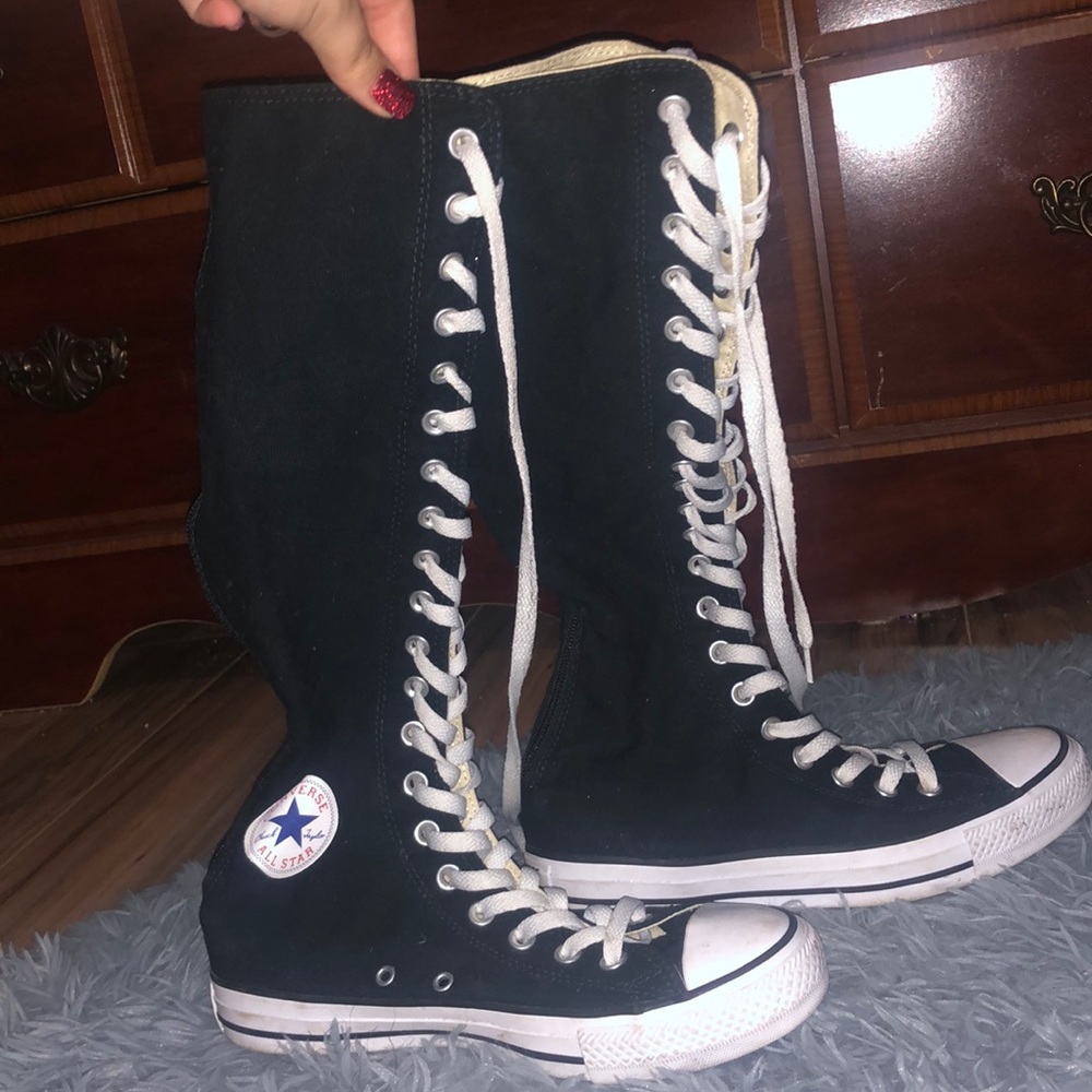 knee high black and white converse